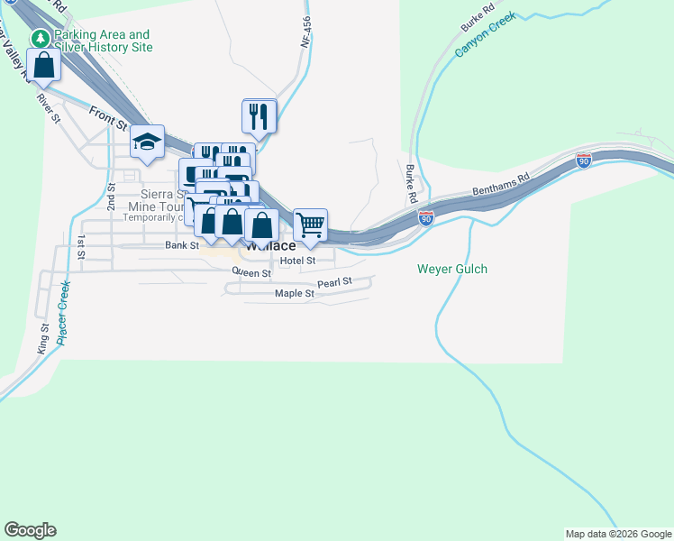 map of restaurants, bars, coffee shops, grocery stores, and more near 818 Residence Street in Wallace