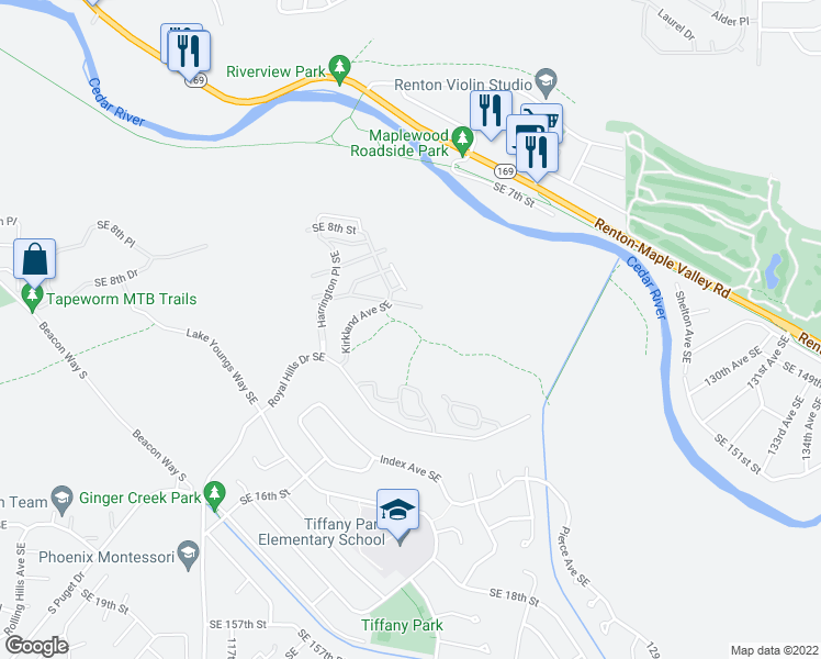 map of restaurants, bars, coffee shops, grocery stores, and more near 3004 Southeast 12th Street in Renton
