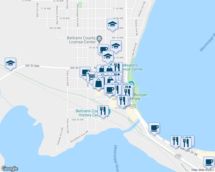 map of restaurants, bars, coffee shops, grocery stores, and more near 220 3rd Street Northwest in Bemidji