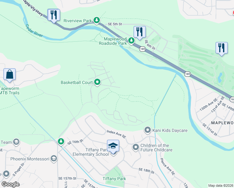 map of restaurants, bars, coffee shops, grocery stores, and more near 3200 Southeast 12th Street in Renton