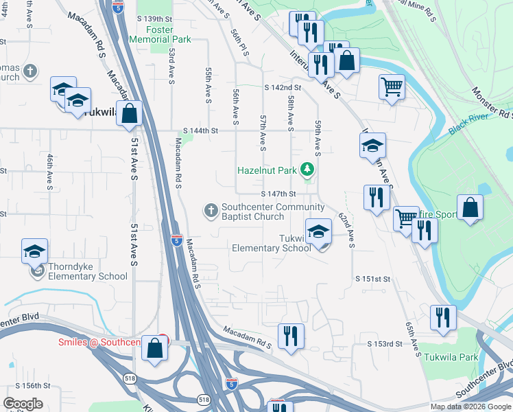 map of restaurants, bars, coffee shops, grocery stores, and more near 14713 57th Avenue South in Tukwila