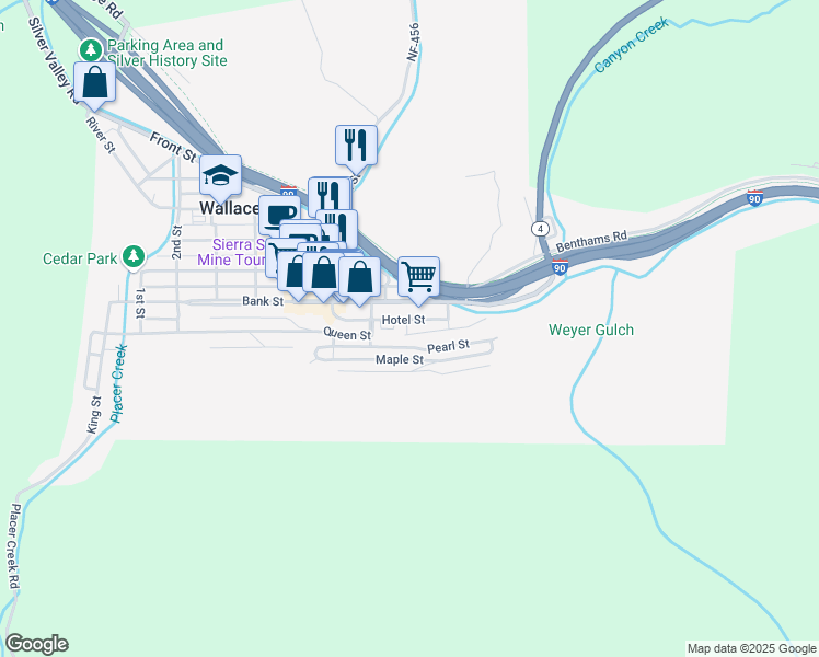 map of restaurants, bars, coffee shops, grocery stores, and more near 718 Residence Street in Wallace