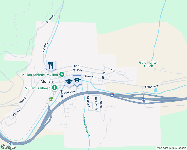map of restaurants, bars, coffee shops, grocery stores, and more near 702 Earle Street in Mullan