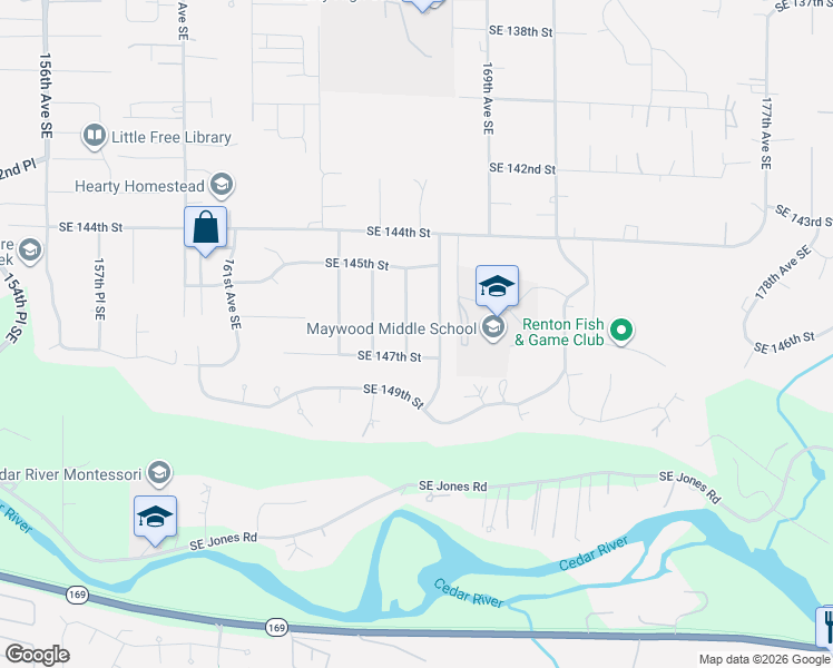 map of restaurants, bars, coffee shops, grocery stores, and more near 16604 Southeast 147th Street in Renton