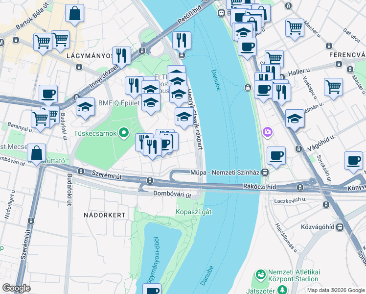 map of restaurants, bars, coffee shops, grocery stores, and more near in Budapest