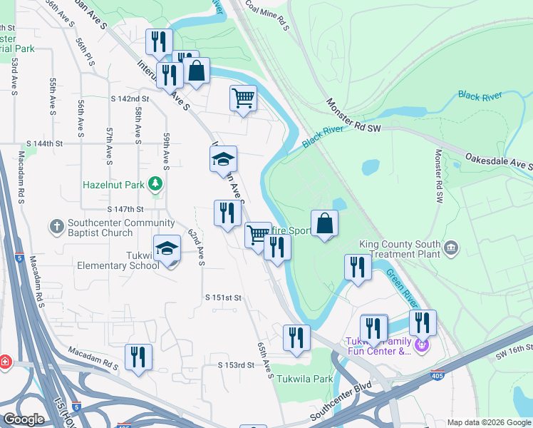 map of restaurants, bars, coffee shops, grocery stores, and more near 14800 Interurban Avenue South in Tukwila