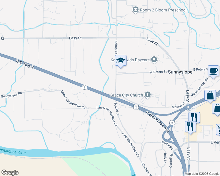 map of restaurants, bars, coffee shops, grocery stores, and more near 3012 School Street in Wenatchee