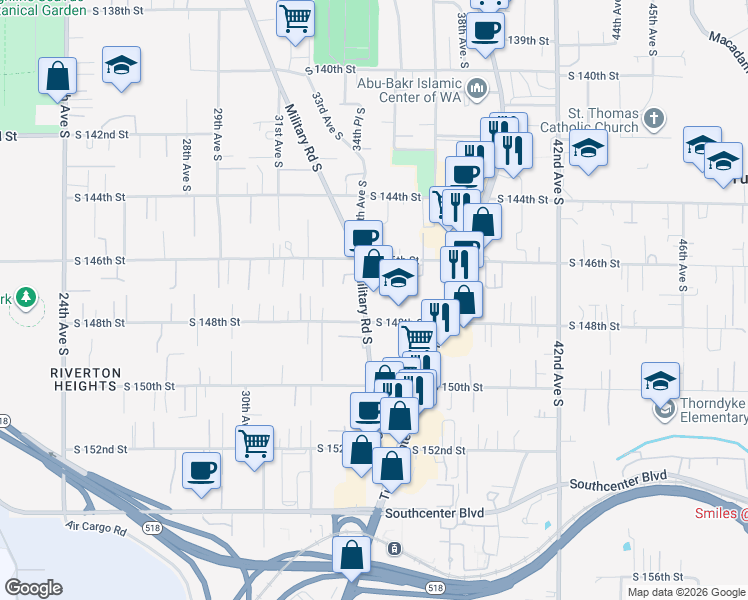 map of restaurants, bars, coffee shops, grocery stores, and more near 3425 South 146th Street in Tukwila