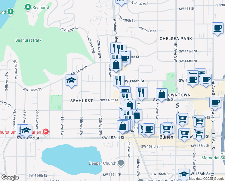 map of restaurants, bars, coffee shops, grocery stores, and more near 14601 Ambaum Boulevard Southwest in Burien