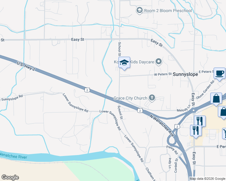 map of restaurants, bars, coffee shops, grocery stores, and more near 3012 School Street in Wenatchee
