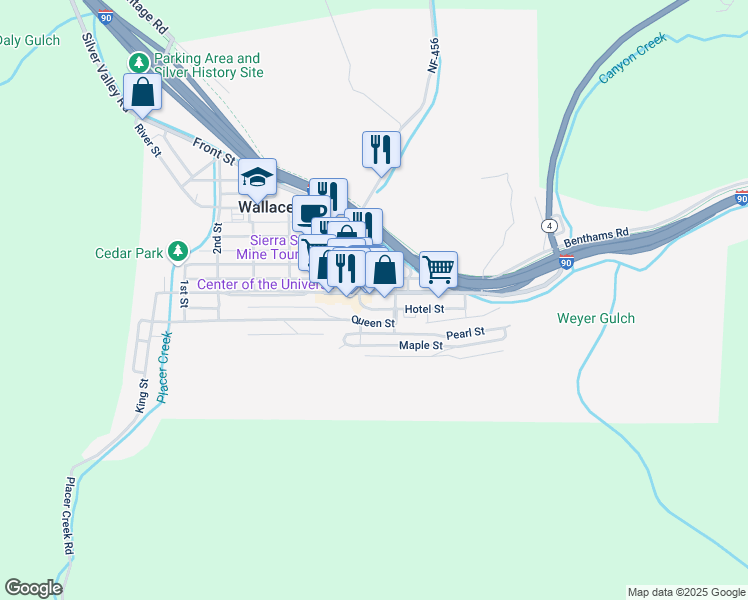 map of restaurants, bars, coffee shops, grocery stores, and more near 619 High Bank Street in Wallace