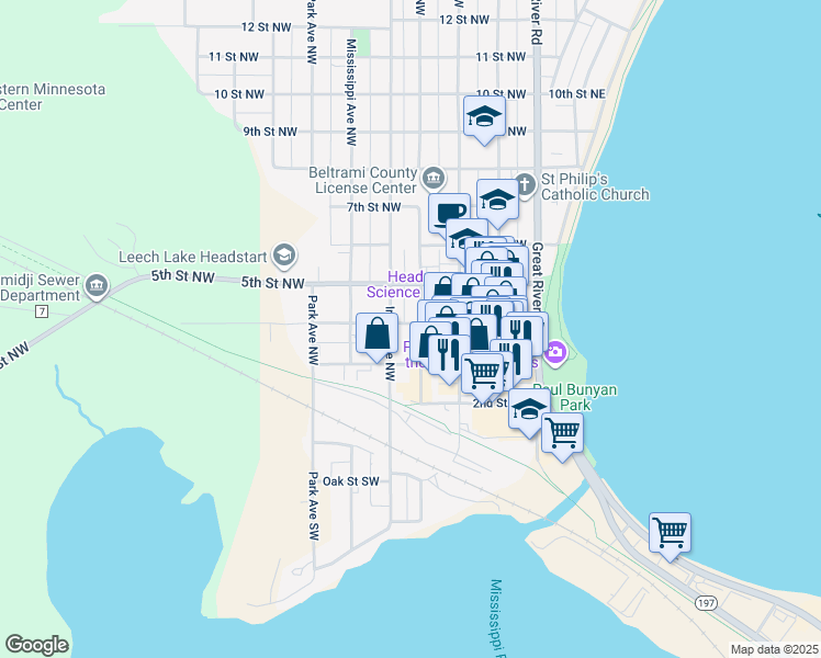map of restaurants, bars, coffee shops, grocery stores, and more near 302 Irvine Avenue Northwest in Bemidji