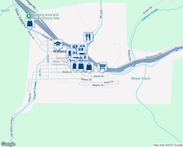 map of restaurants, bars, coffee shops, grocery stores, and more near 7th Street in Wallace