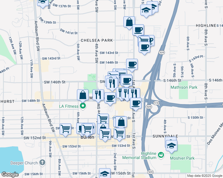 map of restaurants, bars, coffee shops, grocery stores, and more near 138 Southwest 148th Street in Burien
