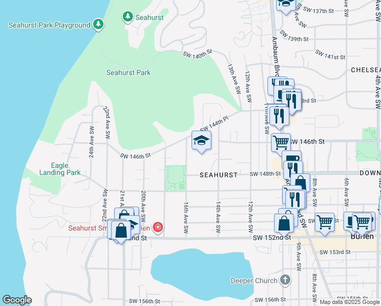 map of restaurants, bars, coffee shops, grocery stores, and more near 14624 16th Avenue Southwest in Burien