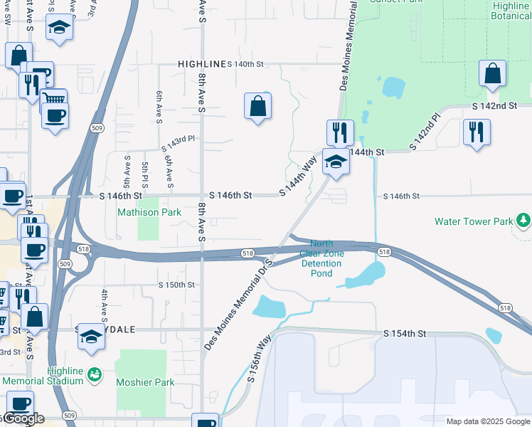 map of restaurants, bars, coffee shops, grocery stores, and more near 1039 South 146th Street in Burien