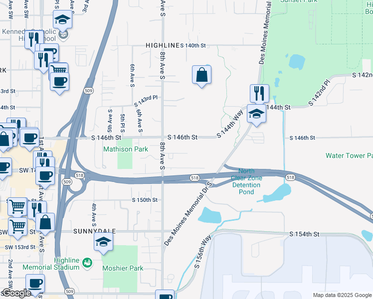 map of restaurants, bars, coffee shops, grocery stores, and more near 835 South 146th Street in Burien