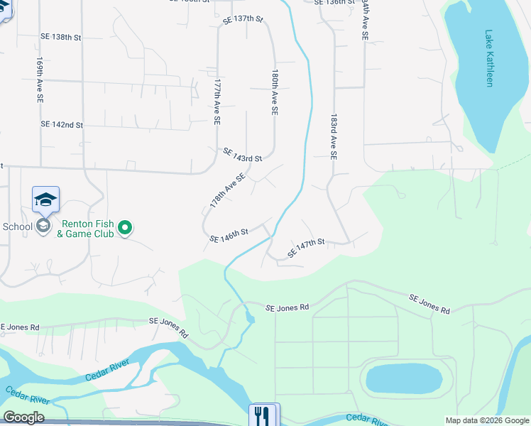 map of restaurants, bars, coffee shops, grocery stores, and more near 18012 Southeast 146th Street in Renton