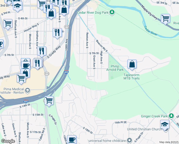 map of restaurants, bars, coffee shops, grocery stores, and more near 1301 South 9th Street in Renton