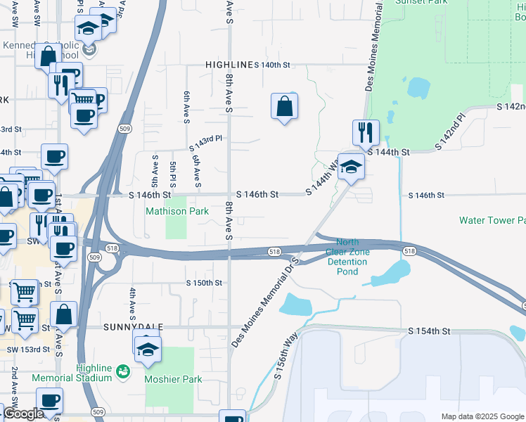 map of restaurants, bars, coffee shops, grocery stores, and more near 835 South 146th Street in Burien