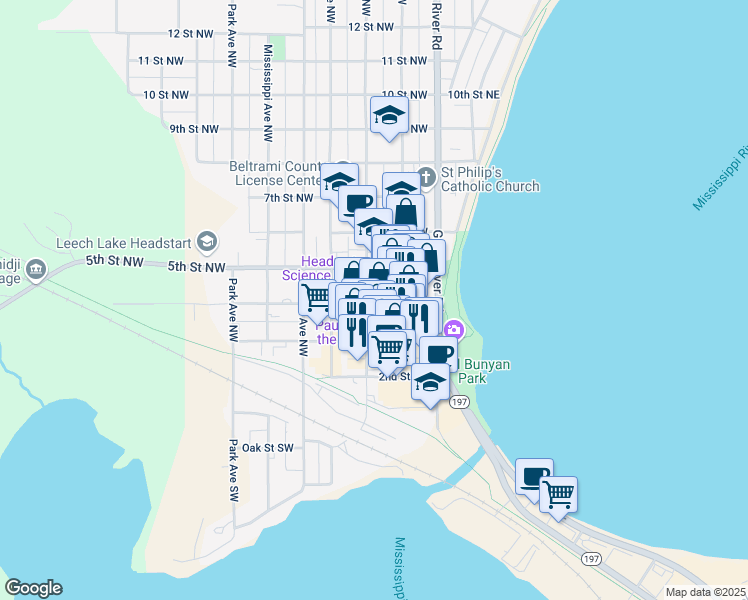 map of restaurants, bars, coffee shops, grocery stores, and more near in Bemidji