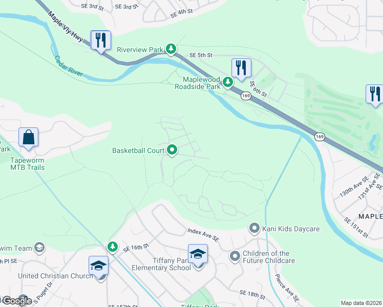 map of restaurants, bars, coffee shops, grocery stores, and more near 2710 Southeast 12th Street in Renton
