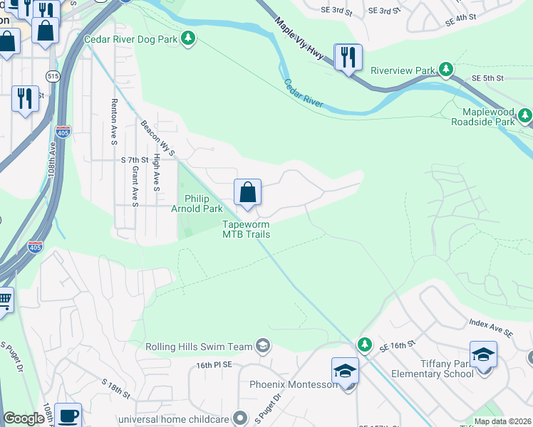 map of restaurants, bars, coffee shops, grocery stores, and more near 2043 Southeast 8th Place in Renton