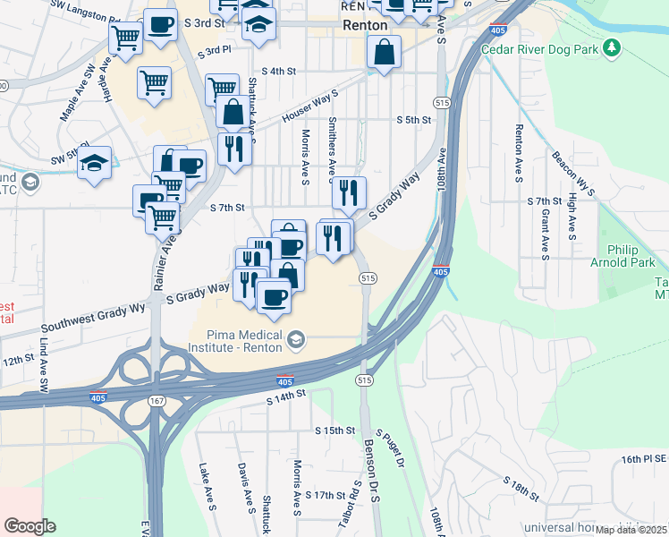 map of restaurants, bars, coffee shops, grocery stores, and more near 707 South Grady Way in Renton