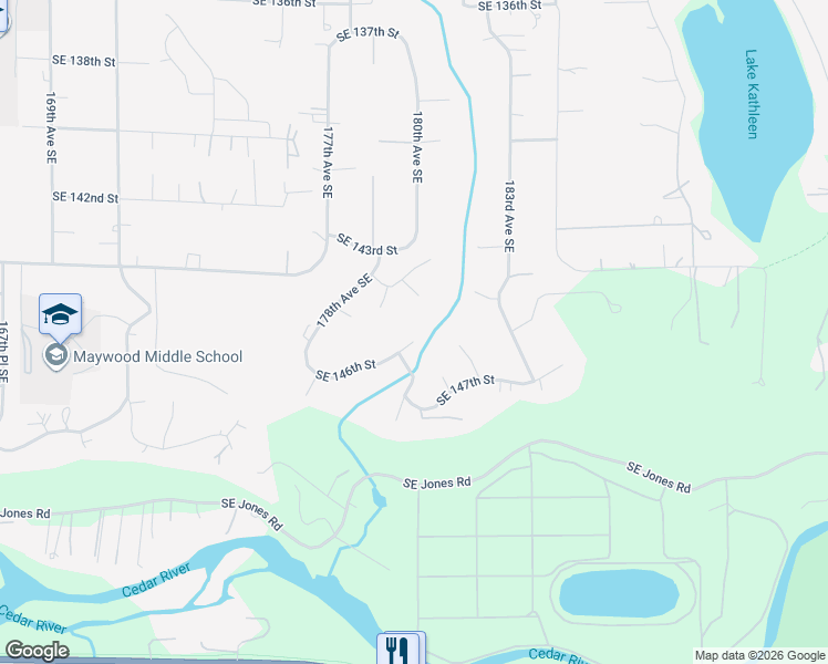 map of restaurants, bars, coffee shops, grocery stores, and more near 18012 Southeast 146th Street in Renton