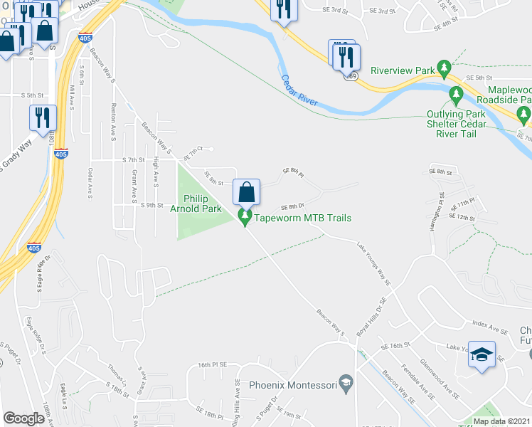 map of restaurants, bars, coffee shops, grocery stores, and more near 2043 Southeast 8th Place in Renton