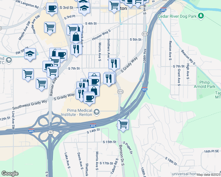 map of restaurants, bars, coffee shops, grocery stores, and more near 707 South Grady Way in Renton
