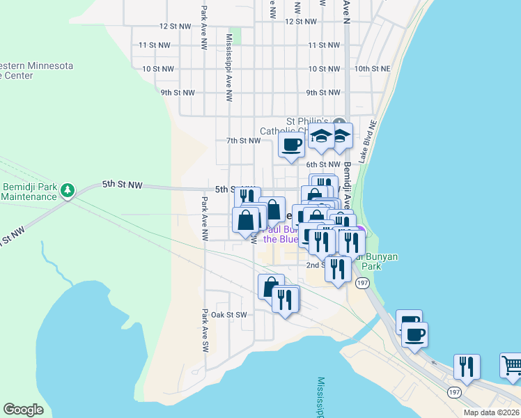 map of restaurants, bars, coffee shops, grocery stores, and more near 416 Irvine Avenue Northwest in Bemidji
