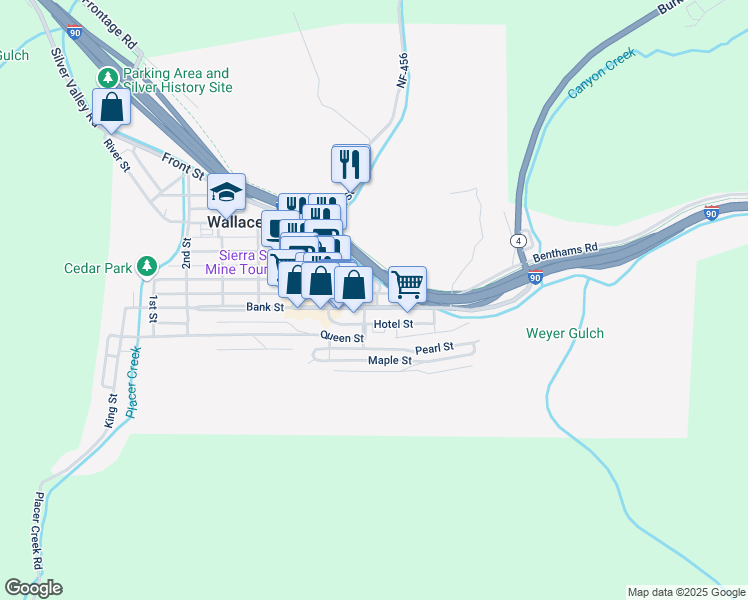 map of restaurants, bars, coffee shops, grocery stores, and more near 717 Bank Street in Wallace