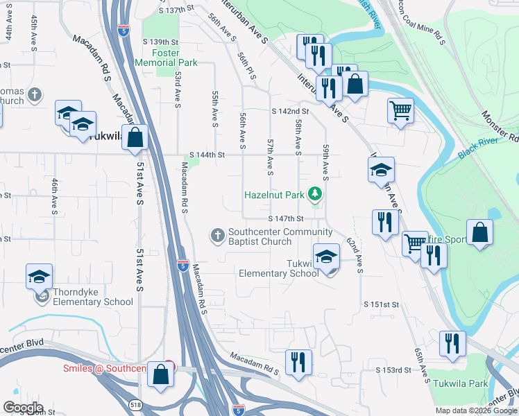 map of restaurants, bars, coffee shops, grocery stores, and more near 14479 57th Avenue South in Tukwila