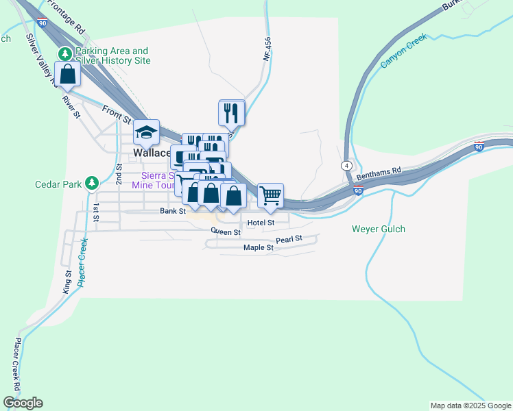 map of restaurants, bars, coffee shops, grocery stores, and more near 717 Bank Street in Wallace