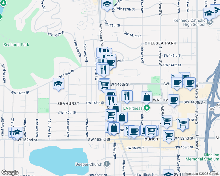 map of restaurants, bars, coffee shops, grocery stores, and more near 14600 Ambaum Boulevard Southwest in Burien