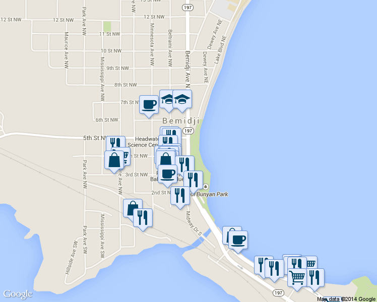 map of restaurants, bars, coffee shops, grocery stores, and more near 426 Bemidji Ave N in Bemidji