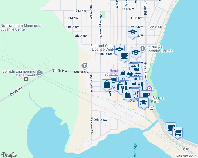map of restaurants, bars, coffee shops, grocery stores, and more near 407 Mississippi Avenue Northwest in Bemidji