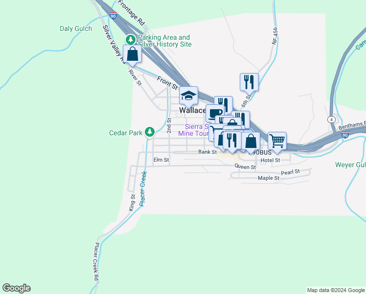 map of restaurants, bars, coffee shops, grocery stores, and more near 412 3rd Street in Wallace