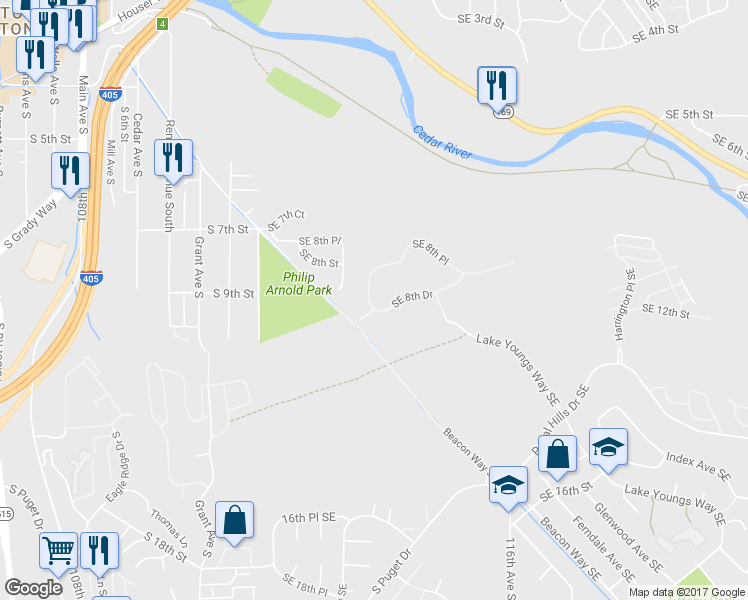 map of restaurants, bars, coffee shops, grocery stores, and more near 2043 SE 8th Pl in Renton