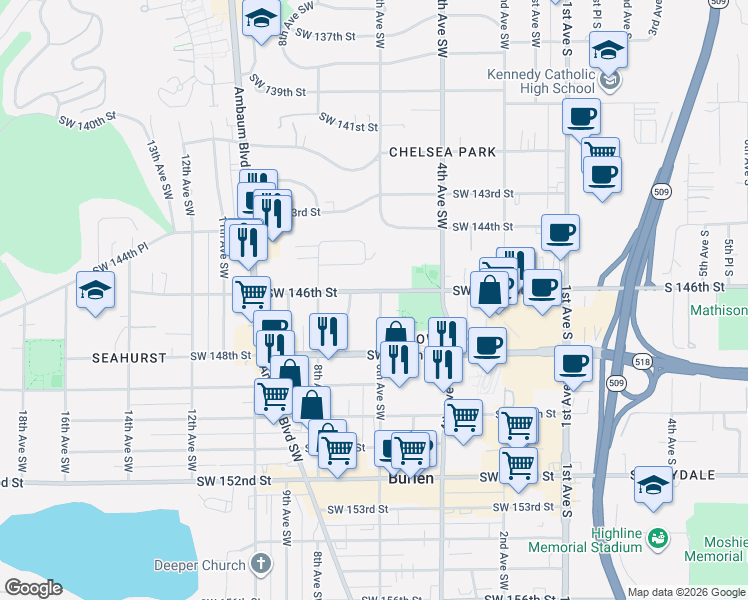 map of restaurants, bars, coffee shops, grocery stores, and more near 605 Southwest 146th Street in Burien