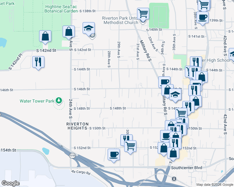 map of restaurants, bars, coffee shops, grocery stores, and more near 2809 South 146th Street in SeaTac