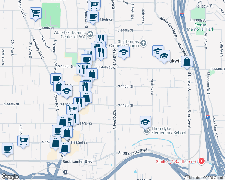 map of restaurants, bars, coffee shops, grocery stores, and more near 14611 42nd Avenue South in Tukwila
