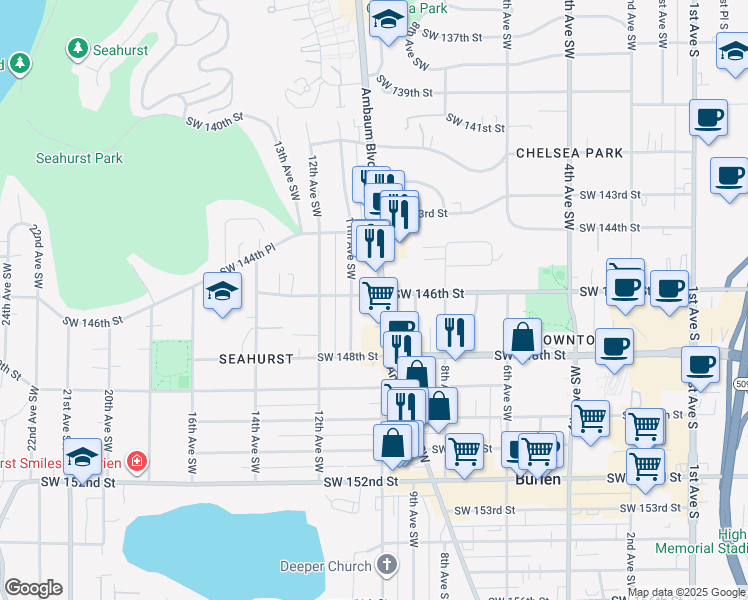 map of restaurants, bars, coffee shops, grocery stores, and more near 14601 Ambaum Boulevard Southwest in Burien