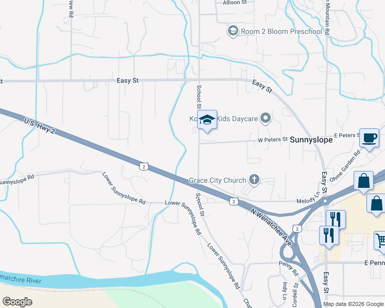 map of restaurants, bars, coffee shops, grocery stores, and more near 3012 School Street in Wenatchee