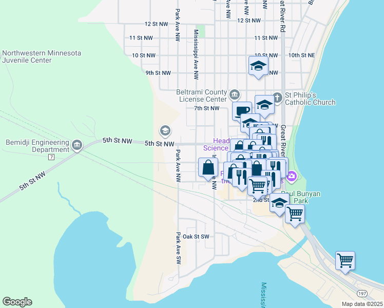 map of restaurants, bars, coffee shops, grocery stores, and more near 407 Mississippi Avenue Northwest in Bemidji