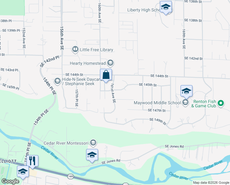 map of restaurants, bars, coffee shops, grocery stores, and more near 14503 161st Avenue Southeast in Renton