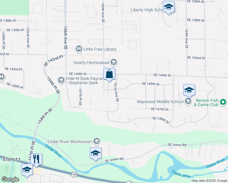 map of restaurants, bars, coffee shops, grocery stores, and more near 14503 161st Avenue Southeast in Renton