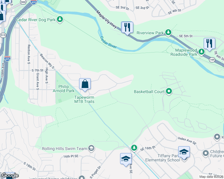 map of restaurants, bars, coffee shops, grocery stores, and more near 2309 Southeast 8th Drive in Renton
