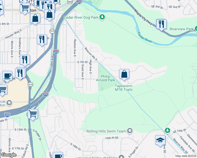 map of restaurants, bars, coffee shops, grocery stores, and more near 720 Jones Avenue South in Renton